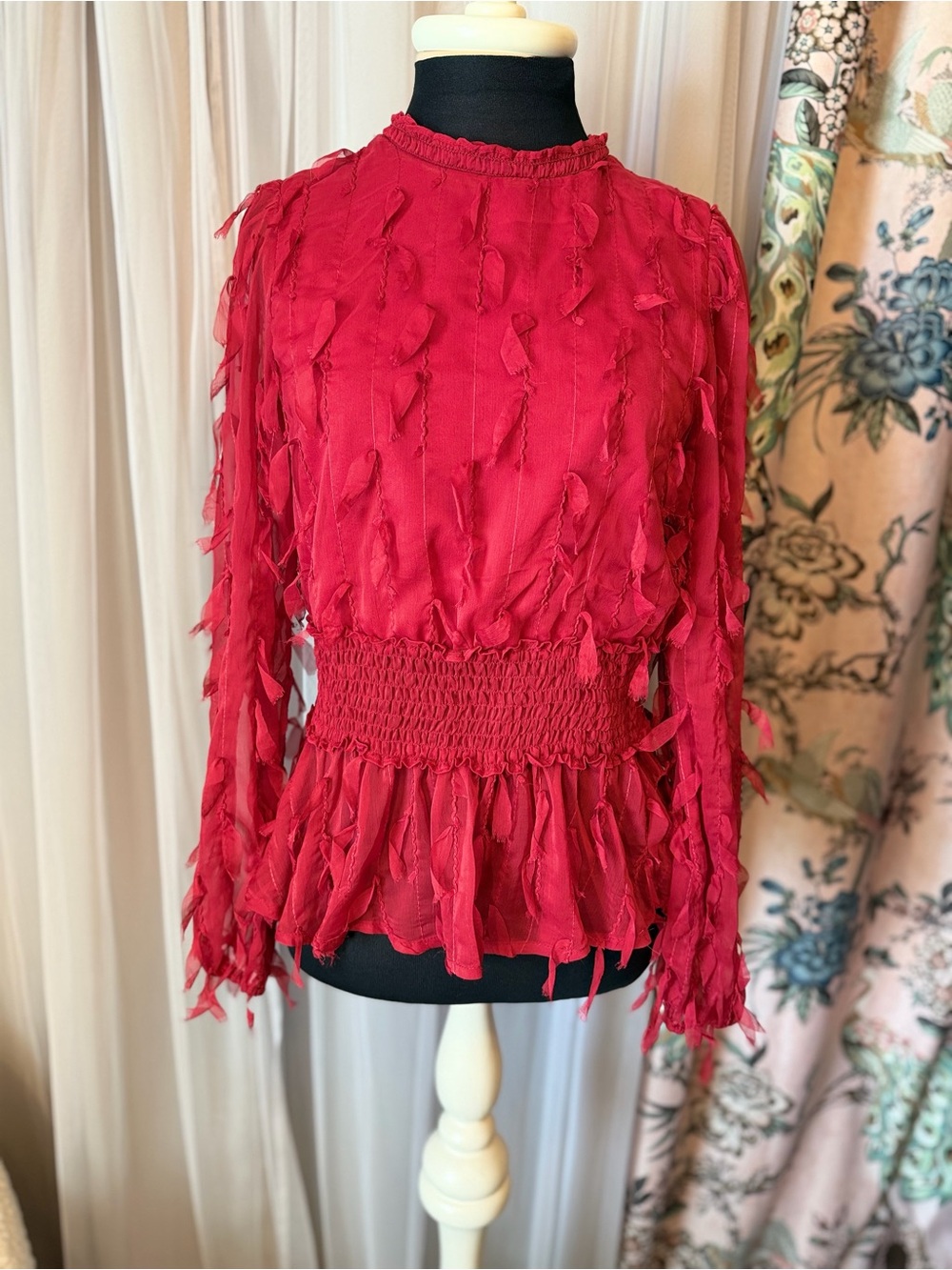One World Red Textured Chiffon Blouse S Sheer Smocked Boho Romantic Top